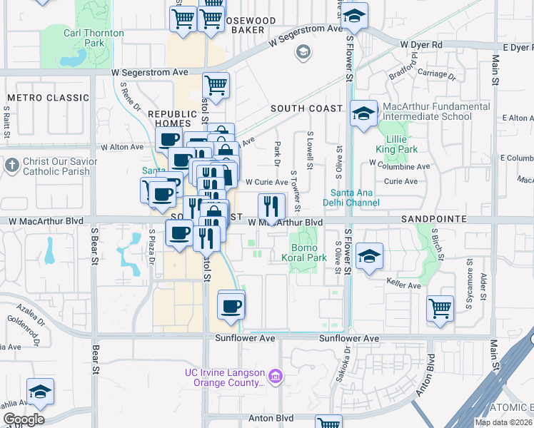 map of restaurants, bars, coffee shops, grocery stores, and more near in Santa Ana