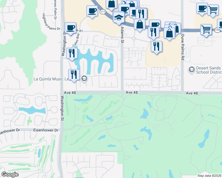 map of restaurants, bars, coffee shops, grocery stores, and more near 78945 Vía Trieste in La Quinta