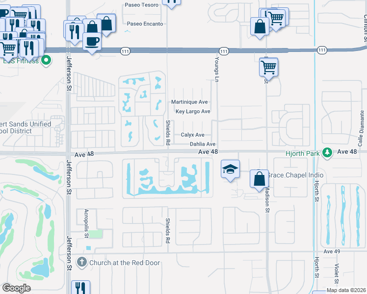 map of restaurants, bars, coffee shops, grocery stores, and more near 80555 Veranda Lane in Indio