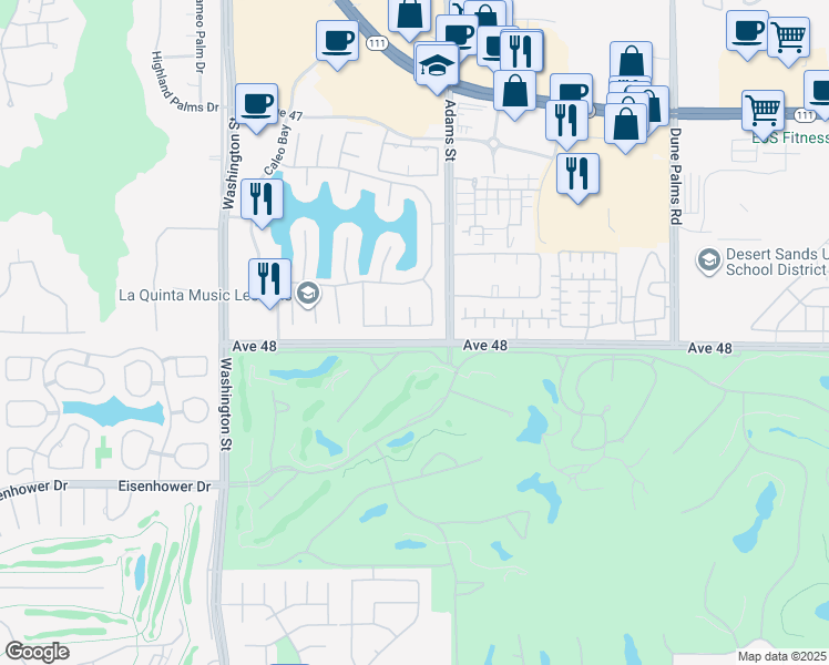 map of restaurants, bars, coffee shops, grocery stores, and more near 78955 Vía Trieste in La Quinta