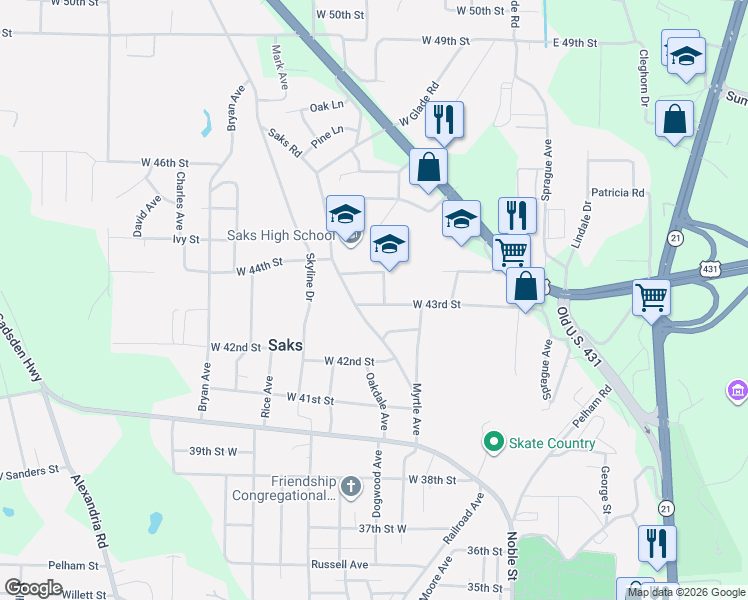 map of restaurants, bars, coffee shops, grocery stores, and more near 309 West 43rd Street in Anniston