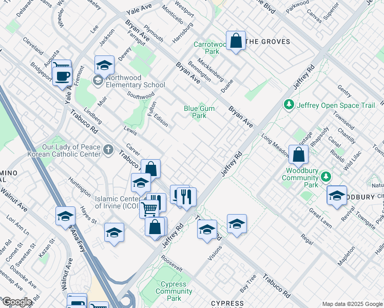 map of restaurants, bars, coffee shops, grocery stores, and more near 64 Shadowplay in Irvine