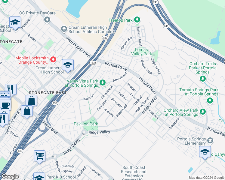 map of restaurants, bars, coffee shops, grocery stores, and more near 129 Compass in Irvine