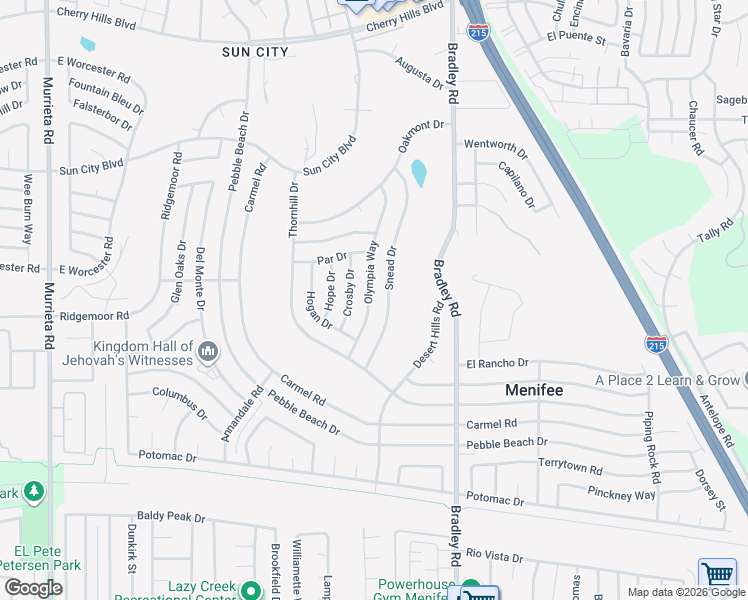 map of restaurants, bars, coffee shops, grocery stores, and more near 28960 Olympia Way in Menifee
