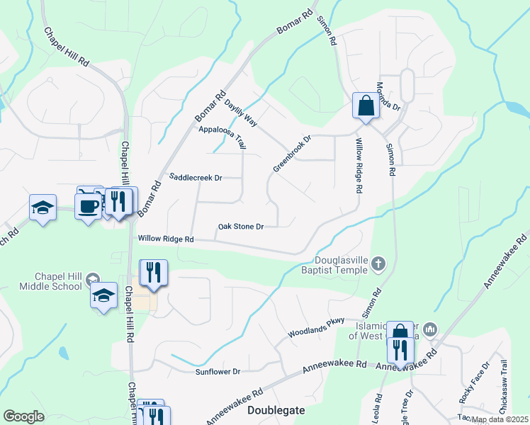map of restaurants, bars, coffee shops, grocery stores, and more near 3861 Hibiscus Court in Douglasville