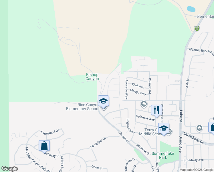 map of restaurants, bars, coffee shops, grocery stores, and more near 16654 Elk Grove Lane in Lake Elsinore