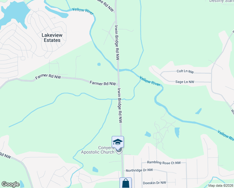 map of restaurants, bars, coffee shops, grocery stores, and more near 2140 Irwin Bridge Road Northwest in Conyers