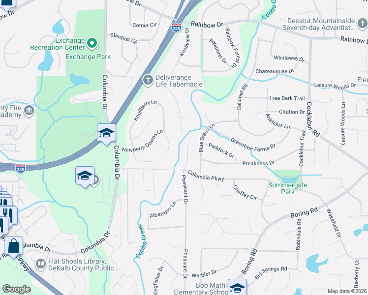 map of restaurants, bars, coffee shops, grocery stores, and more near 2913 Pheasant Drive in Decatur