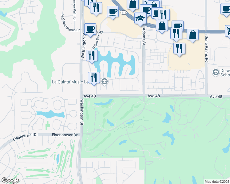 map of restaurants, bars, coffee shops, grocery stores, and more near 47970 Vía Jardin in La Quinta