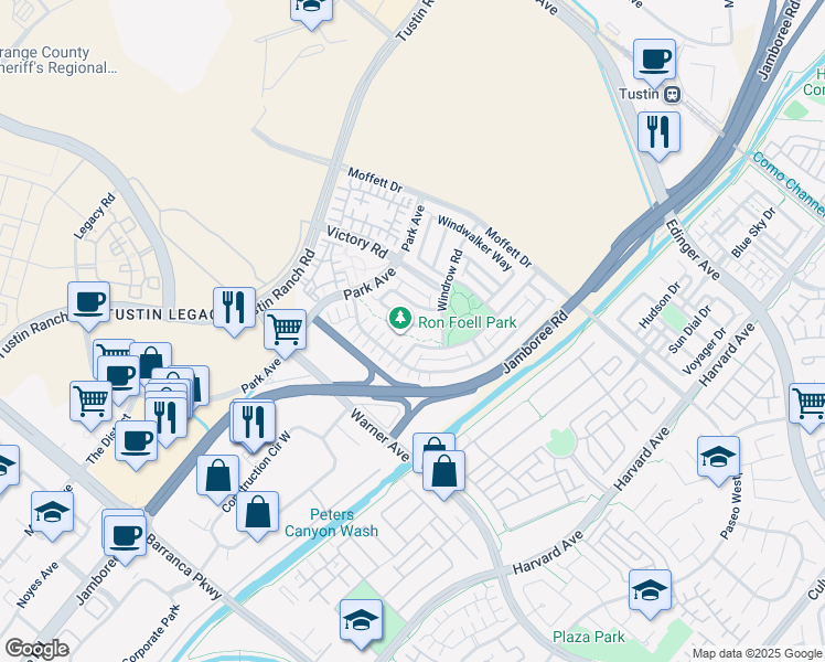 map of restaurants, bars, coffee shops, grocery stores, and more near 27 Stafford Place in Tustin