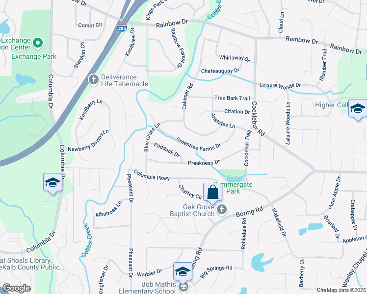 map of restaurants, bars, coffee shops, grocery stores, and more near 3645 Greentree Farms Drive in Decatur
