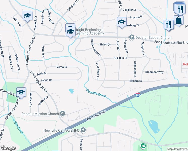 map of restaurants, bars, coffee shops, grocery stores, and more near 2432 Elkhorn Drive in Decatur
