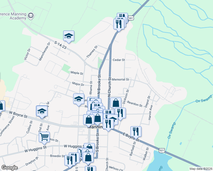 map of restaurants, bars, coffee shops, grocery stores, and more near 227 North Church Street in Manning