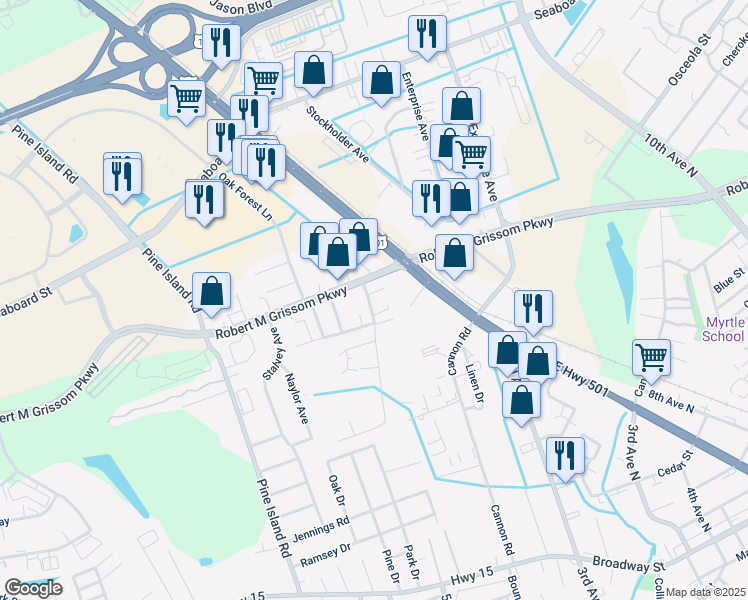map of restaurants, bars, coffee shops, grocery stores, and more near 279 Tatum Lane in Myrtle Beach