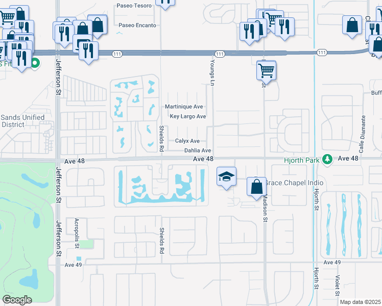 map of restaurants, bars, coffee shops, grocery stores, and more near 80623 Dahlia Avenue in Indio