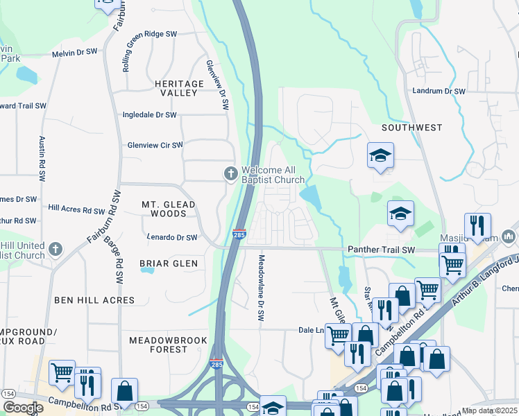 map of restaurants, bars, coffee shops, grocery stores, and more near 3585 Parc Circle Southwest in Atlanta
