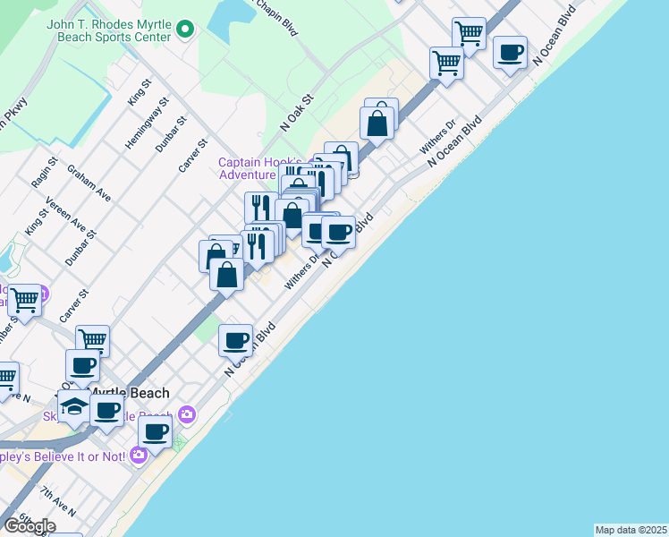 map of restaurants, bars, coffee shops, grocery stores, and more near 2008 North Ocean Boulevard in Myrtle Beach