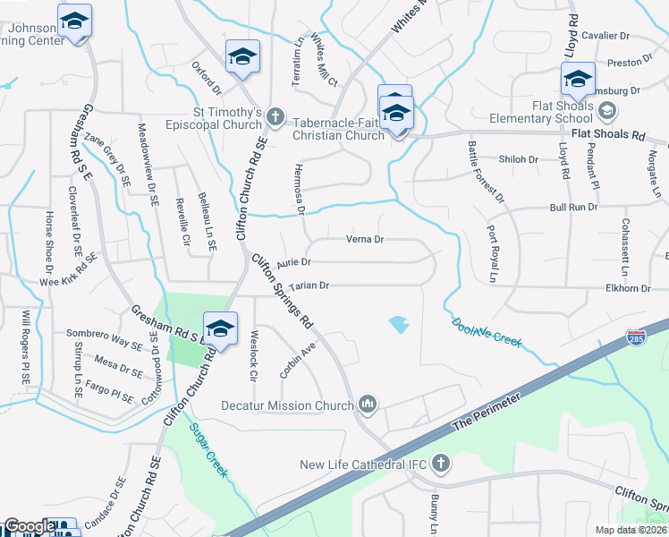 map of restaurants, bars, coffee shops, grocery stores, and more near 2275 Aurie Drive in Decatur