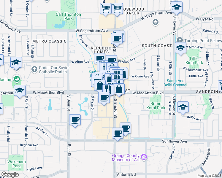 map of restaurants, bars, coffee shops, grocery stores, and more near 3430 South Bristol Street in Santa Ana