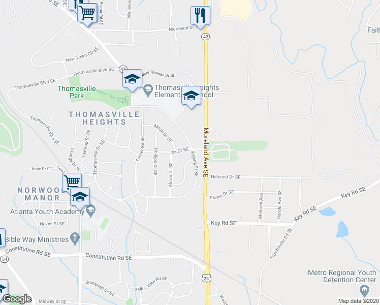 map of restaurants, bars, coffee shops, grocery stores, and more near 1157 Isa Dr SE in Atlanta