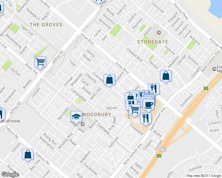 map of restaurants, bars, coffee shops, grocery stores, and more near 105 Costa Brava in Irvine