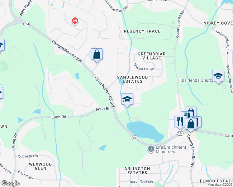 map of restaurants, bars, coffee shops, grocery stores, and more near 2011 Sandbrook Court Southwest in Atlanta