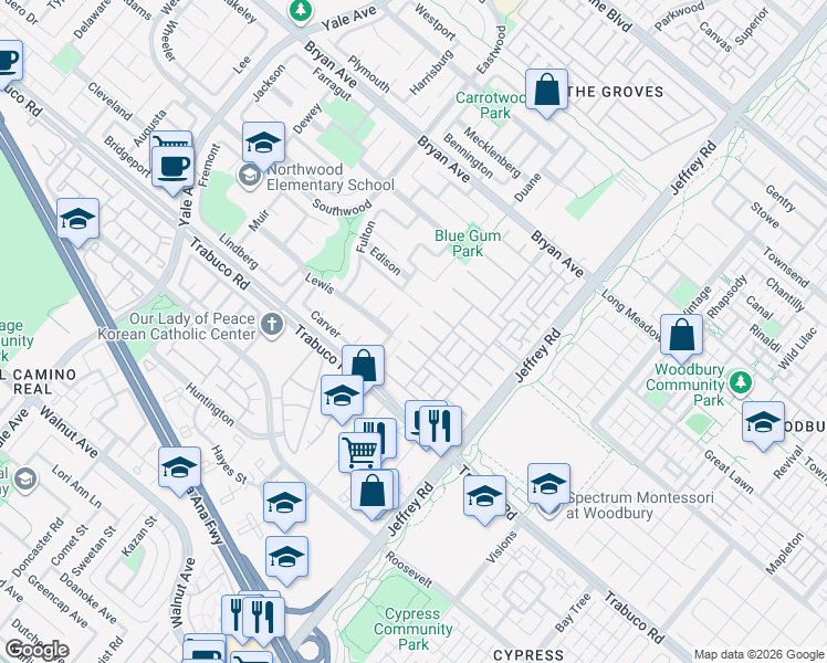 map of restaurants, bars, coffee shops, grocery stores, and more near 20 Teak Bridge in Irvine