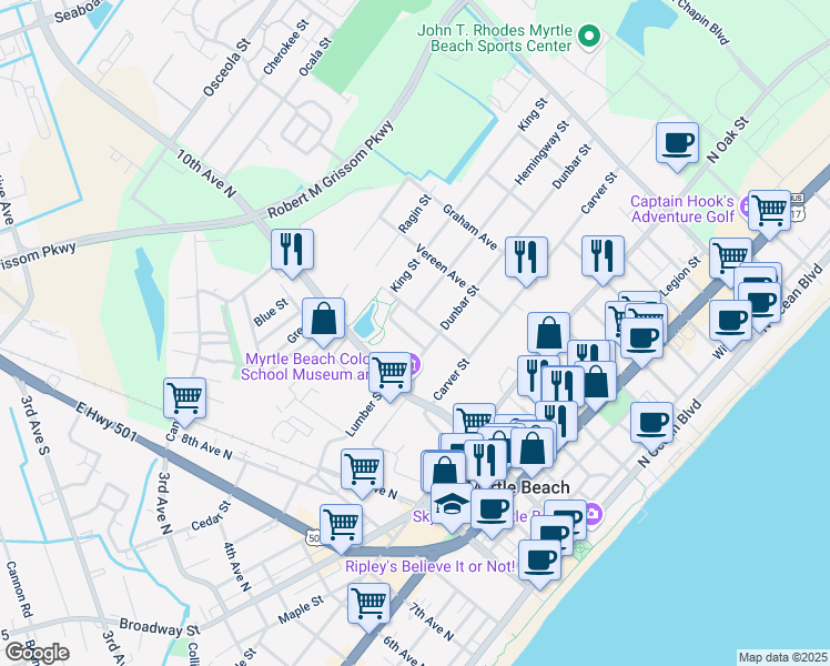 map of restaurants, bars, coffee shops, grocery stores, and more near 1102 Spivey Avenue in Myrtle Beach