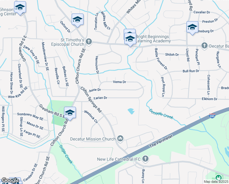 map of restaurants, bars, coffee shops, grocery stores, and more near 2307 Aurie Drive in Decatur