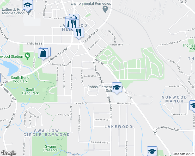 map of restaurants, bars, coffee shops, grocery stores, and more near 1961 Browns Mill Road Southeast in Atlanta