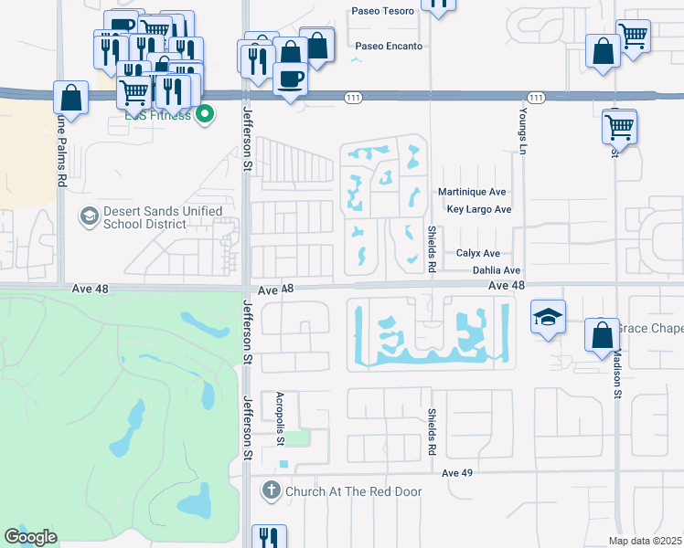 map of restaurants, bars, coffee shops, grocery stores, and more near 80394 Avenue 48 in Indio