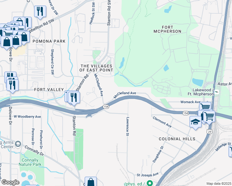 map of restaurants, bars, coffee shops, grocery stores, and more near 1657 McClelland Avenue in East Point