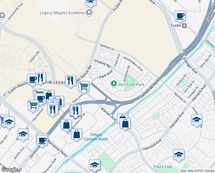 map of restaurants, bars, coffee shops, grocery stores, and more near 56 Barnes Road in Tustin