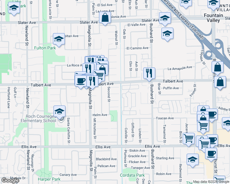 map of restaurants, bars, coffee shops, grocery stores, and more near 9241 Molt River Circle in Fountain Valley