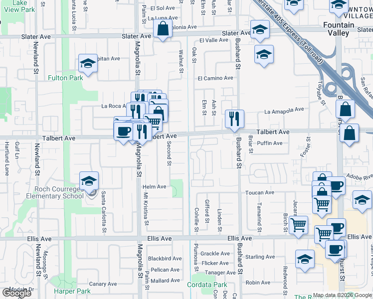 map of restaurants, bars, coffee shops, grocery stores, and more near 9241 Molt River Circle in Fountain Valley