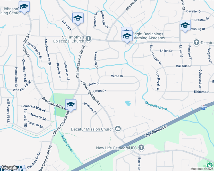 map of restaurants, bars, coffee shops, grocery stores, and more near 2289 Aurie Drive in Decatur