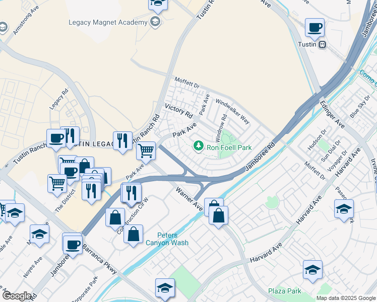 map of restaurants, bars, coffee shops, grocery stores, and more near 56 Barnes Road in Tustin