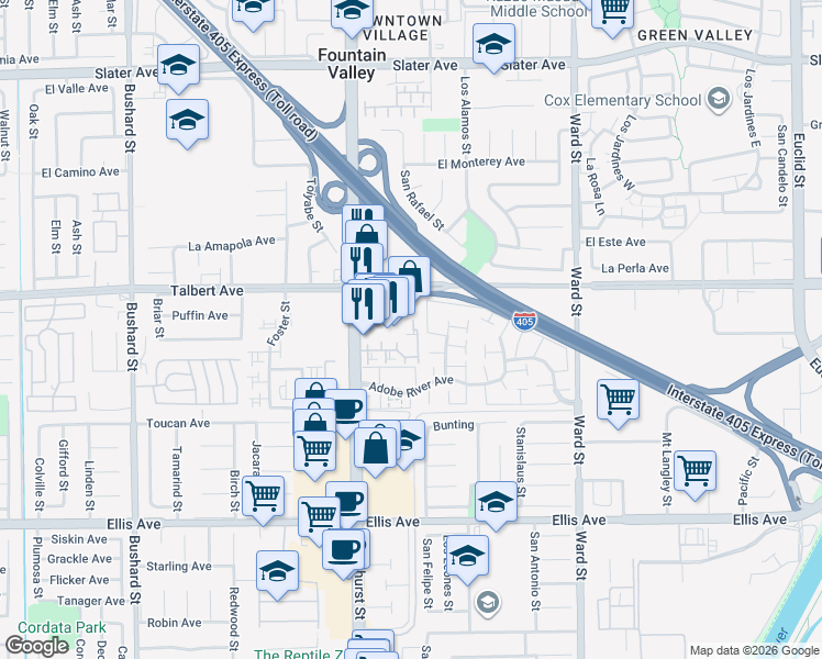 map of restaurants, bars, coffee shops, grocery stores, and more near 18102 Brookhurst Street in Fountain Valley