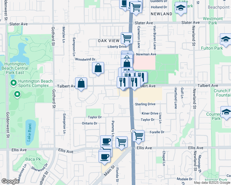 map of restaurants, bars, coffee shops, grocery stores, and more near 18051 Joyful Lane in Huntington Beach