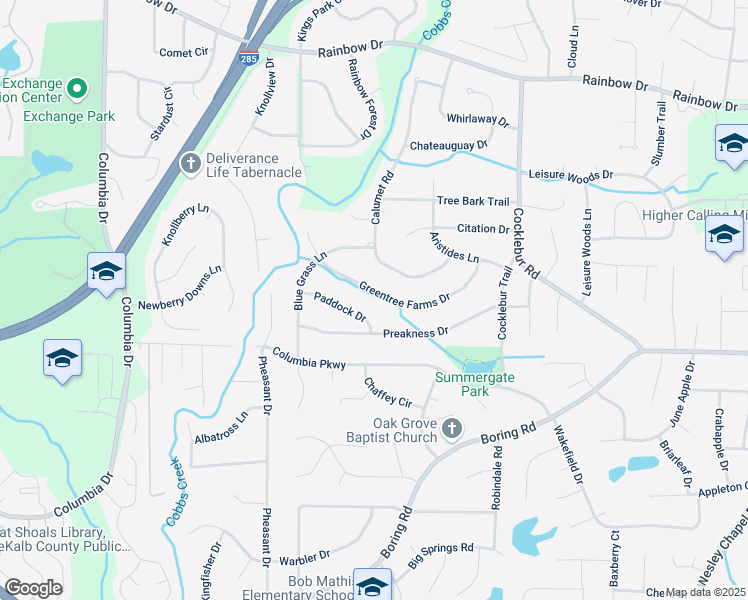 map of restaurants, bars, coffee shops, grocery stores, and more near 3645 Greentree Farms Drive in Decatur