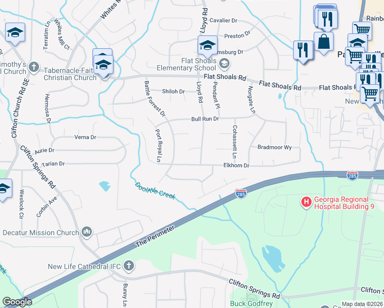 map of restaurants, bars, coffee shops, grocery stores, and more near 2535 Sharpsburg Court in Decatur