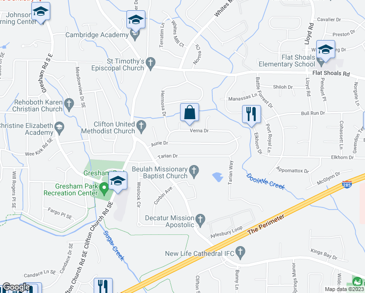 map of restaurants, bars, coffee shops, grocery stores, and more near 2289 Aurie Drive in Decatur