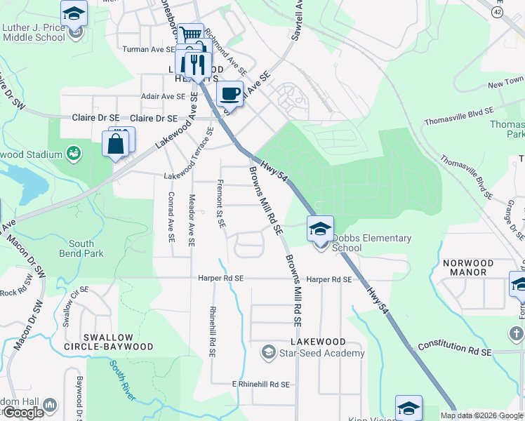 map of restaurants, bars, coffee shops, grocery stores, and more near 1961 Browns Mill Road Southeast in Atlanta