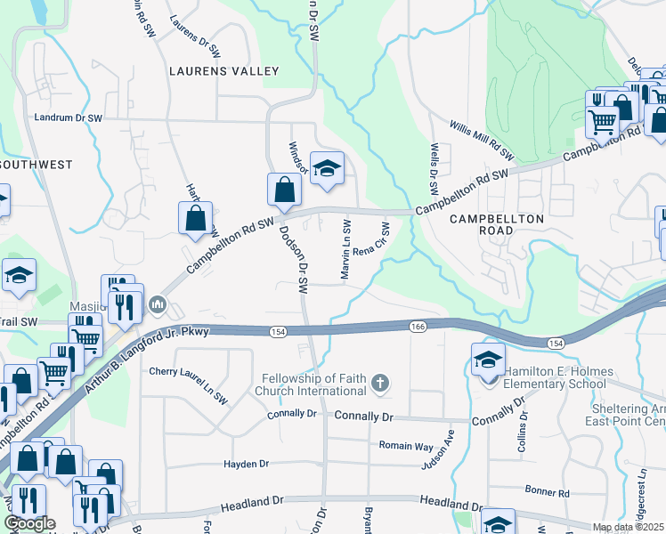 map of restaurants, bars, coffee shops, grocery stores, and more near 2001 Marvin Lane Southwest in Atlanta