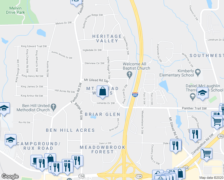 map of restaurants, bars, coffee shops, grocery stores, and more near 3471 Creighton Road Southwest in Atlanta