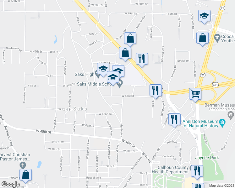 map of restaurants, bars, coffee shops, grocery stores, and more near 215 West 43rd Street in Anniston