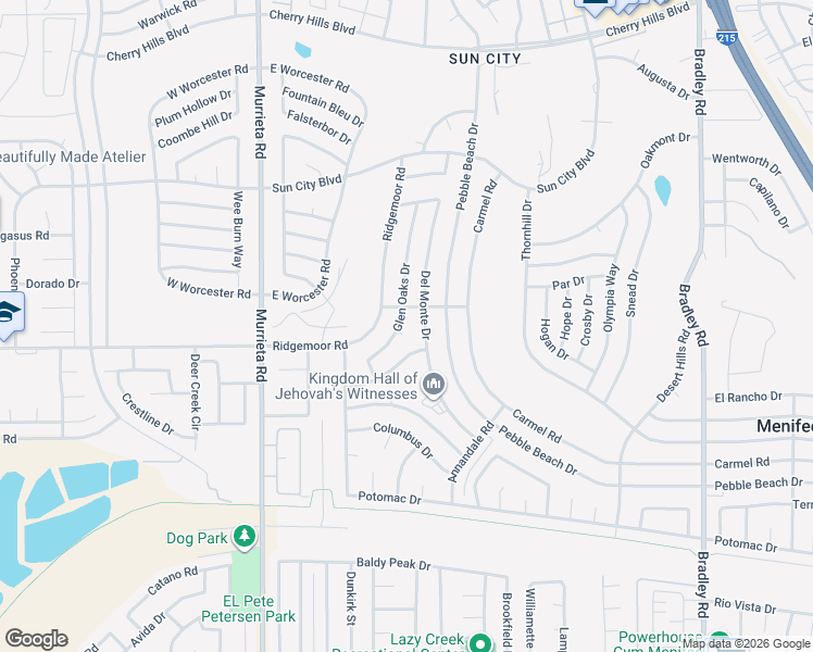 map of restaurants, bars, coffee shops, grocery stores, and more near 28970 Exmoor Court in Menifee