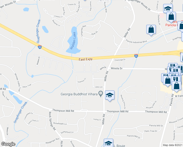 map of restaurants, bars, coffee shops, grocery stores, and more near 2885 Lacy Lane in Stonecrest