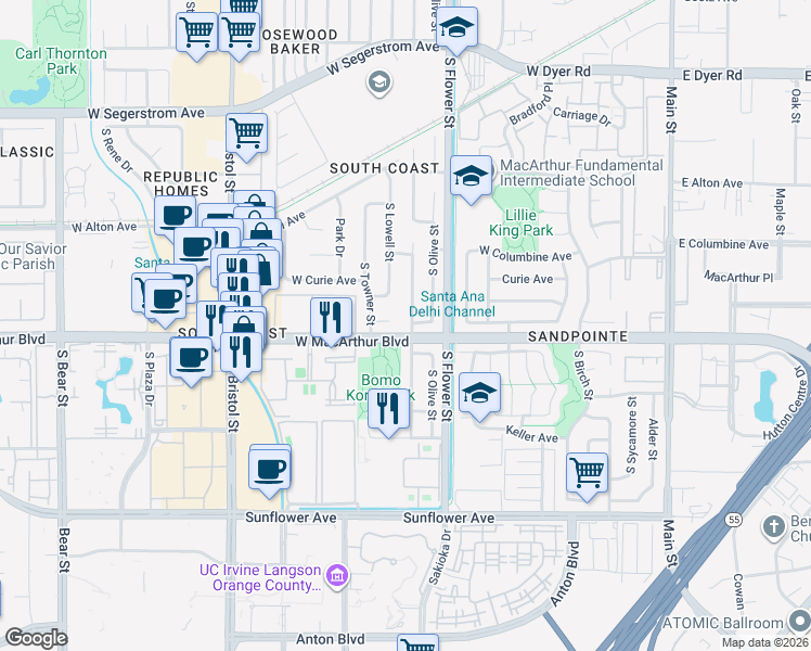 map of restaurants, bars, coffee shops, grocery stores, and more near 3518 Ramona Drive in Santa Ana