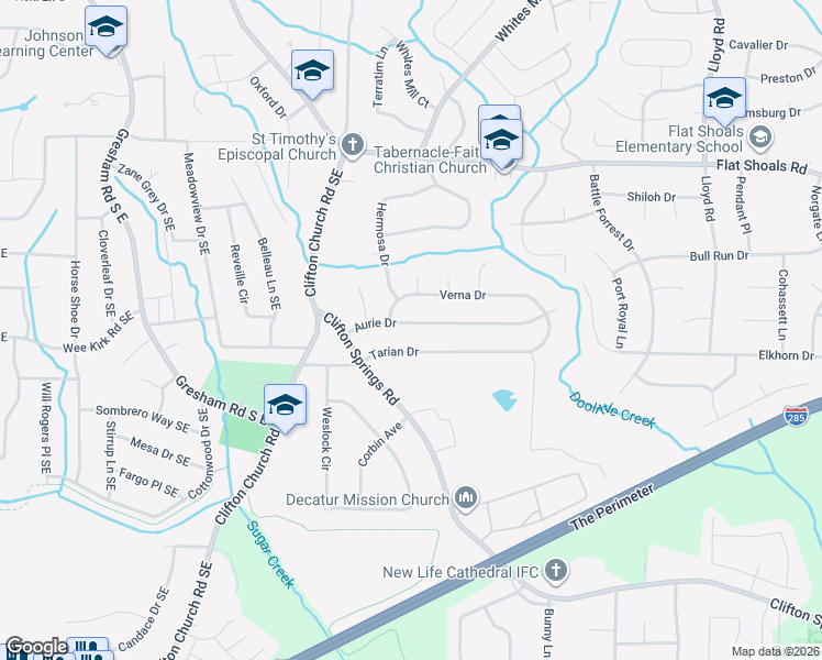 map of restaurants, bars, coffee shops, grocery stores, and more near 2275 Aurie Drive in Decatur